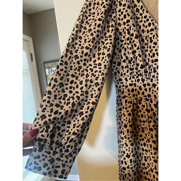 J Crew Women’s Size 0 Button Front A Line Midi Dress Tan Black Leopard Print - Picture 8 of 12